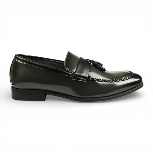 Infinity Leather Dolcetto Herren-Slipper aus olivgrünem, hochglänzendem Kunstleder mit Quasten – Elegante und lässige Schuhe
