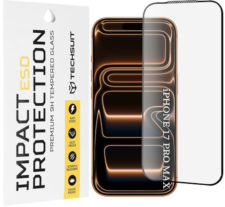 Techsuit Displayschutzfolie für iPhone 17 Pro Max Gehärtetes Glas mit Antistatisch, Staubabweisend, Vollständige Abdeckung, Stoßschutz, Oleophobe Beschichtung, Anti Fingerabdruck, Blasenfrei, ESD