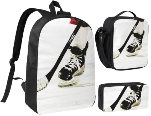 JKLQWC Lot de 3 sacs à dos d'école avec sac à déjeuner isotherme et trousse à crayons pour étudiants, adolescents, filles, garçons - 43,2 cm, Motif hockey sur glace., One Size, Sac à dos daypack
