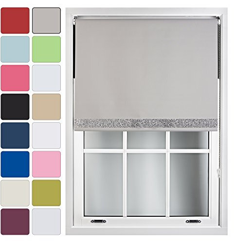FURNISHED Blackout Roller Blinds with Decorative Glitter Trim Thermal Easy Install Sparkly Blind Made to Measure Up to 60cm x 165cm - Grey + Silver Glitter