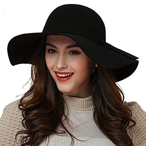 ASSQI Damen-Mütze, 100 % Wolle, faltbar, breite Krempe, Retro-Fedora-Schlapphut, Filz, Schwarz, Einheitsgröße