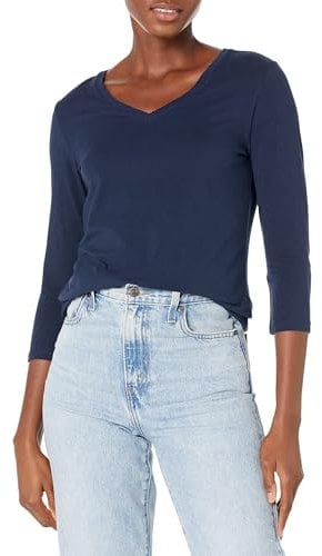 Amazon Essentials Women's Regular-Fit 3/4 Sleeve V-Neck T-Shirt (Available in Plus Size), Navy, S