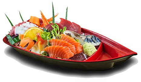 Happy Sales HSSB-10RB, Sushi Boat Shape Plate Sushi Sashimi Serving Plate Melamine Plastic Tray 10 x 4.5 Inch (Red Black)