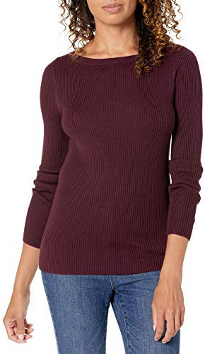 Amazon Essentials Damen Leichter, Gerippter Langarm-Pullover mit U-Boot-Ausschnitt in schmaler Passform, Burgunderrot, XS