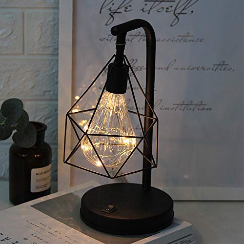 Abat-jour en métal vintage en forme de cage - Lampe de chevet rétro - Lampe de chevet à piles pour chambre à coucher, salon, café, restaurant (noir)