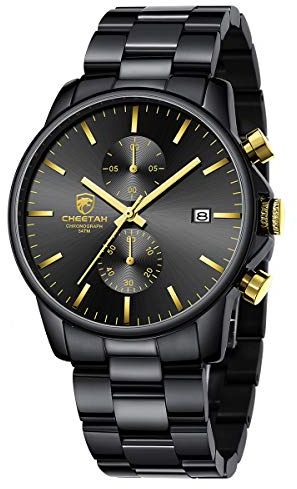 GOLDEN HOUR Herrenuhren mit versilberter wasserdichter Chronographen-Quarzuhr aus Edelstahl und Metall (Black Gold)