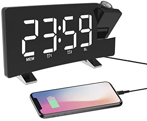 ThreeH Digital Projection Alarm Clock FM Radio Clock with USB Charger 2 Alarm Setting 5'' Large Display Snooze Function White