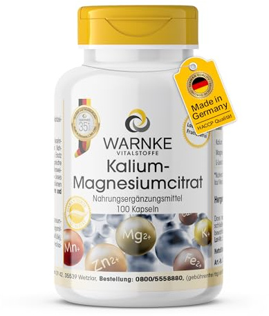 Kalium-Magnesiumcitrat 100 Kapseln, hochdosiert, vegan, organische Mineralstoffe, gut bioverfügbar | Warnke Vitalstoffe - Deutsche Apothekenqualität