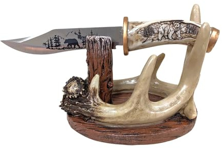 BestGiftEver Carved Handle Decorative Bear Blade Knife with Faux Antler Display Stand Hunting Cabin Home Decoration