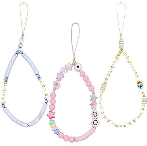 Uposao 3PCS Handy Lanyard Perlen, Acryl Smile Star Handykette Perlen Handyanhänger Böhmische Handgelenkbänder Schlüsselbund Telefon Kette Strap für Frauen Mädchen, Auto Schlüssel Dekoration