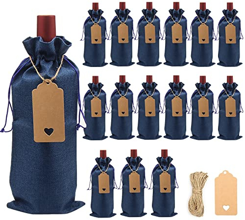 DIWNELEM 16 Pack Burlap Wine Bags,Wine Gift Bags with Tags and Rope,Drawstring Wine Bottle Covers for Wine Tasting Party,Christmas, Wedding, Travel, Birthday, Holiday Party