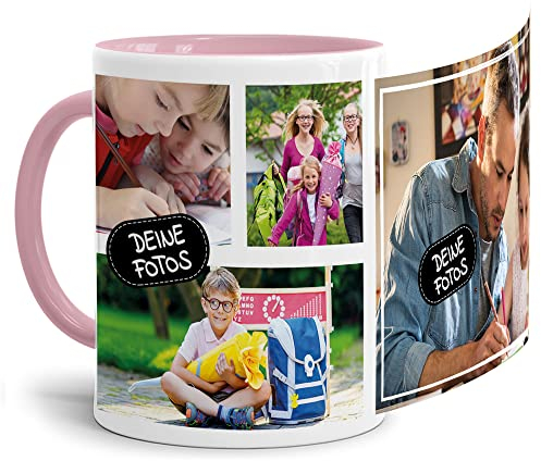 Foto-Tasse zum selbst gestalten mit Foto-Collage für 4 Wunschfotos - Geschenk für Familie, Freunde, Geburtstag, Weihnachten - Keramik Innen & Henkel Rosa, 300 ml I Personalisiert