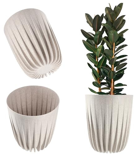 KADAX Vaso da fiori in plastica con materiali naturali, vaso per piante con motivo geometrico, fioriera rotonda con inserto, vaso per fiori naturali, vaso per fiori alto (diametro 19 cm, bianco)