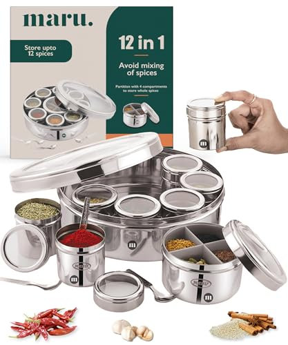 MARU 12 IN 1 Spice Box Stainless Steel with Middle Container Partitions | Masala Dabba Steel Masala Box For Kitchen Steel | Masala Dani For Kitchen See Through Lid (Size 13 Large 21.5cms) Silver