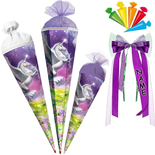 alles-meine.de GmbH Schultüte - Magic Pegasus/Einhorn 35-85 cm Größe wählbar mit/ohne Holzspitze inkl. Name + Bänder Schleife + 5 kleine Zuckertüten - Zuckertüte - ..