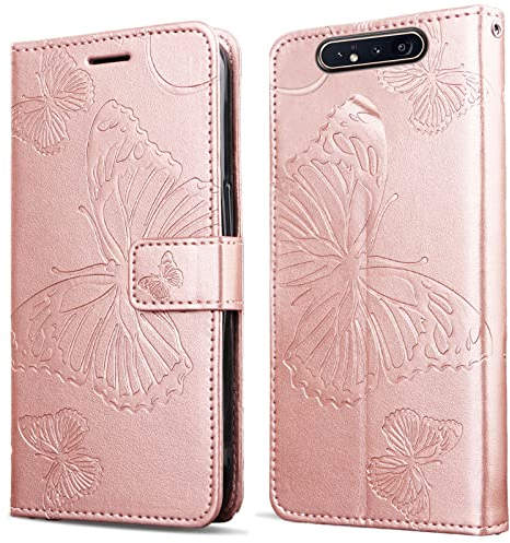DENDICO Hülle für Galaxy A80 / Galaxy A90, PU Leder Magnetverschluss Flip Handyhülle Schutzhülle mit Standfunktion und Kartenfach für Samsung Galaxy A80 / Galaxy A90, Roségold