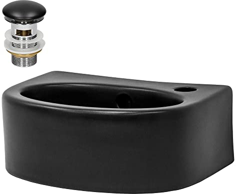 ML-Design Lavabo en Céramique Noir 33,5x25,5x13 cm, Garniture de Vidage 1 1/4, Trop-Plein et Trou pour Robinet à Droite, Design Arrondie, Vasque á Poser Moderne, Évier Lave-Mains de Salle de Bain/WC
