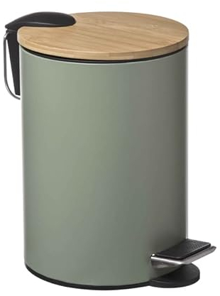 UNIMASA Papelera de baño con Tapa de Madera 3L - Cubo de Basura para baño con Tapa y Pedal Cierre silencioso - Khaki