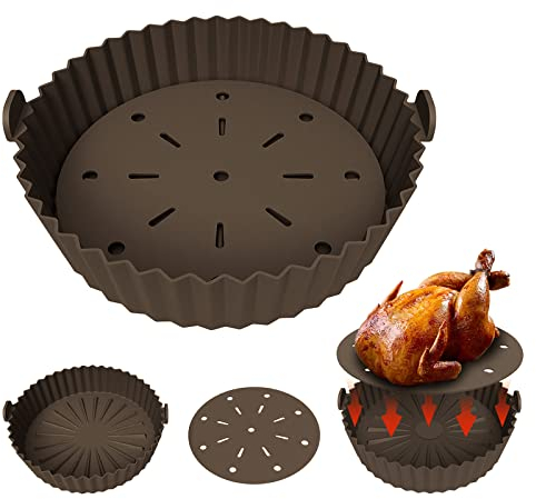 Molde Silicona Freidora de Aire - 24 cm Olla Silicona Freidora Aire con Almohadilla de Filtro de Aceite Cesta Silicona Freidora Aire Bandeja Silicona Air Fryer Accessories para Microondas Horno (Gris)