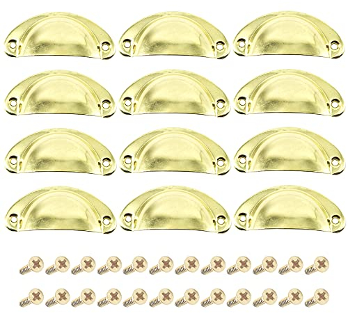 CEEYSEE 12Pcs Cup Handles for Drawers 81 X 35mm Shell Pull Handles Vintage Antique Drawer Semicircle Handle Furniture Door Knobs Handles with Screws (KLSJ/Gold)