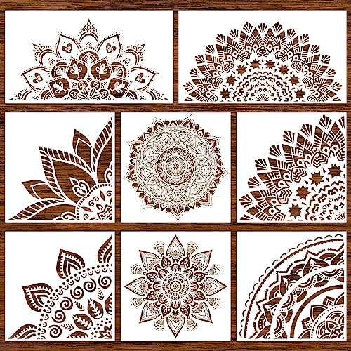 8 Stück Mandala Schablone Wiederverwendbare Mandala Malerei Vorlagen Blumen Design Schablone Mandala Zeichnung Handwerk Schablone für DIY Wand, Fliesen, Möbel, Leinwand, Outdoor Indoor Dekoration