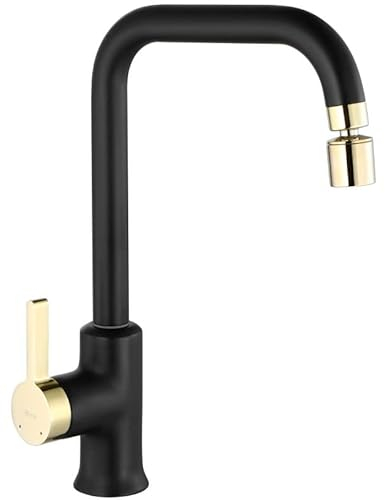 Rea ROBINET DE CUISINE POLO BLACK GOLD Mitigeur évier de Cuisine en Laiton Chaude et Froide Réglable monocommande Pivotant à 360° (noir mat/d'or clair)