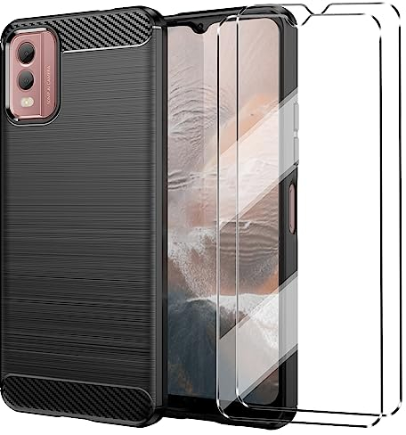 HuiYouMY [3 in 1] 1Pcs Cover in 3Pcs Vetro Temperato per Nokia C32 Custodia- Custodia in Silicone TPU - Black Case Protezione Cellulare Black Bumper 9H Pellicola Protettiva-Black