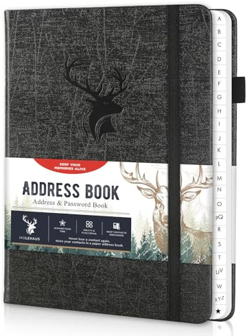 Address Book with Alphabetical Tabs, Hardcover Large Print Telephone and Address Book for Keeping Contacts Safe with Space for Important Website Passwords and Back Pocket 5'' x 7.6'' (Black)