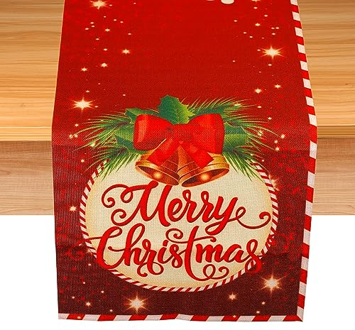 Weihnachts Tischläufer, 184x35cm Weihnachts Tischdecke Merry Christmas Tischläufer Leinen Weihnachtsdekoration Tisch für Esstisch Dinner-Party (Stil mit Roten Glocken)