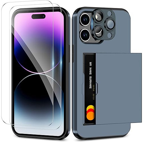 Coolden for iPhone 15 Pro Max Case with Card Holder & 2 Screen Protector + 1 Camera Lens Protector Heavy Duty Protective Case Shockproof Wallet Case Cover for iPhone 15 Pro Max Phone Case-Navy