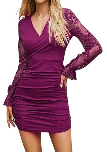 ORANDESIGNE Vestito Donna Elegant Corto Cerimonia Abito Sera Manica Lunga Mini Vestito Aderente Tubino Casual Moda Vintage Festa da Sera Vestitino e Viola M