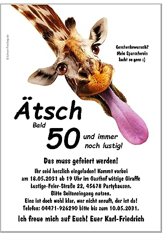 Einladungen Geburtstag Erwachsene Lustige, Witzige Einladungskarten für runden Geburtstag. Motiv Giraffe. Text und Alter leicht änderbar. Menge 60 Karten