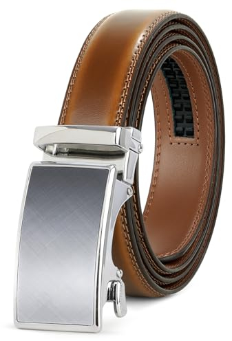 JasGood Herren Ledergürtel Automatische Ratsche Gürtel für Herren Leder Gürtel 33mm Breit mit Verstellbarer Automatische Schnalle für Anzug Geschäft Lässig,Braun,145cm