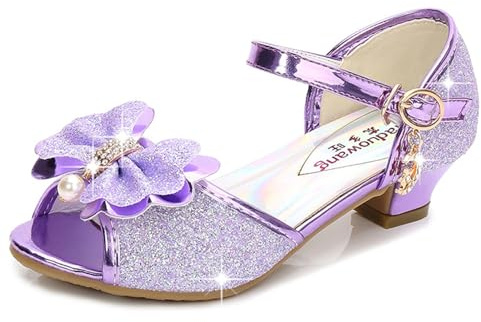 KUWIBY Girls Princess High Heel Sandals,Bowknot Sequin Dress Shoes Purple