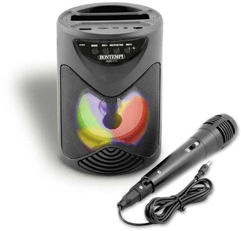 Bontempi | SonicSync - Amplificatore Wireless Karaoke con Microfono Dinamico, Vano Porta Smartphone, Effetti Luminosi ed Effetto Eco, 18,9x15,9x12,9 cm