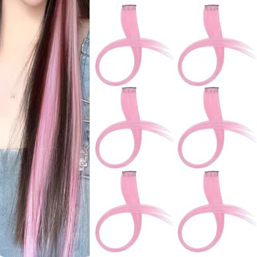 Mcoser 6Pcs Clip In Hair Extensions Pink Hair Extensions Fairy Hair Straight Synthetic Hair Extensions for Women Girls Party Cosplay