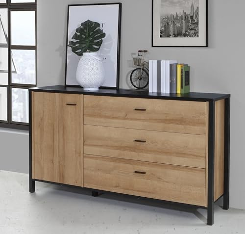 möbelando Sideboard >HIGH Rock< in Schwarz/Riviera Eiche Dekor, 3 Schubladen, 1 Tür - 151,3x85,1x40,2cm (BxHxT)