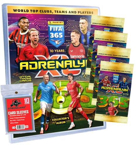 Bundle mit Panini FIFA 365 Karten 2025 - Adrenalyn XL Trading Cards - Exklusive STRONCARD Sammelkarten Hüllen - 1 Mappe + 4 Booster