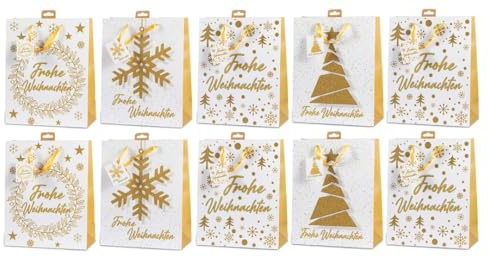 Laro Premium Line Geschenktüten Weihnachten/Glitzer/Gold/Geprägt 10/20/40/100stk Größe: H 32 x B 26 x T 13 x cm Large, Anzahl:10, Muster Tüten:Weihnachten Glitzer Gold Gepräft