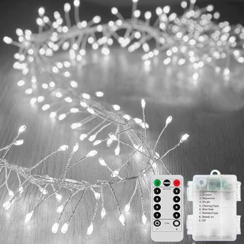 KINGCOO Cluster Fairy Lights with Remote Timer, 3M 100LED Silver Wire Firecracker Garland String Lights Battery Operated 8Mode for Outdoor Indoor Bedroom Wedding Christmas Party Decoration (White)
