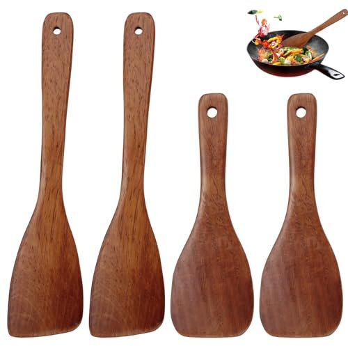 Celiodd 4-Piece Olive Wood Spatula Set (22 x 7.5 cm & 32 x 7.8 cm) - Dishwasher Safe, Non-Stick, Wooden Cooking Spoon for Kitchen & Restaurant