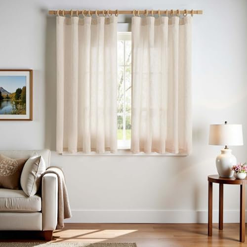 Topick Gardinen mit Kräuselband Leinen Vorhänge für Wohnzimmer Schlafzimmer Stores Halbtransparent Vorhange für Schienensystem Landhausstil Gardinen mit Verdeckten Schlaufen 2er Set 140Bx145H (cm) Roh