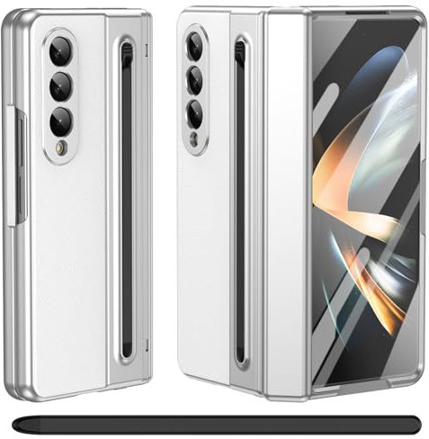 per Galaxy Z Fold 3 Custodia con Penna Stilo, Protezione Cerniera + Porta Penna S + Pellicola Protettiva in Vetro Temperato, Cover in Pelle per Samsung Galaxy Z Fold3-Bianco