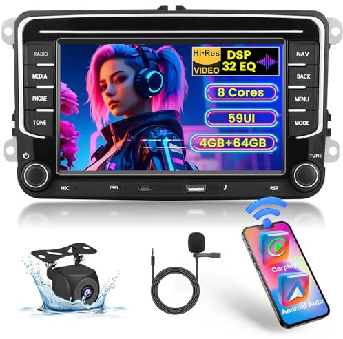 [8 Core 4G+64G] Inefala Radio Coche para VW Golf Polo Caddy Tiguan Touran, 7 Pantalla Autoradio Bluetooth con Wireless Carplay Android Auto GPS, WiFi, RDS/FM, DSP, 59UI, Type-C, Mic, Cámara Trasera