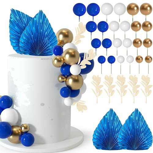 NEBURORA 64 Pcs Balls Cake Toppers and Leaves Decoration Set Mini Balloons for Cake Decorating Supplies Balls Cake decorations for Baby Shower Cake Toppers Birthday Cake Decorations (Blue Gold)