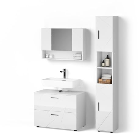 Livinity Badmöbel-Set Ronco, Weiß Hochglanz 41 cm | 3-teilig · Waschtischunterschrank · Spiegelschrank · Hochschrank