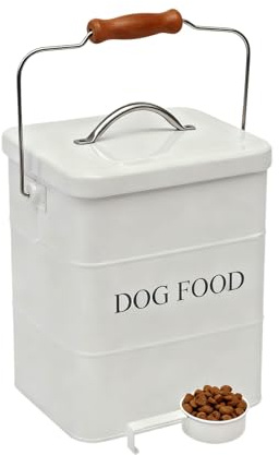 ZoeQide Recipiente para comida para perro de metal, 5 LB, hermético, con tapa, mango de madera y cuchara, recipiente para comida seca, aperitivos, galletas para perros, vintage