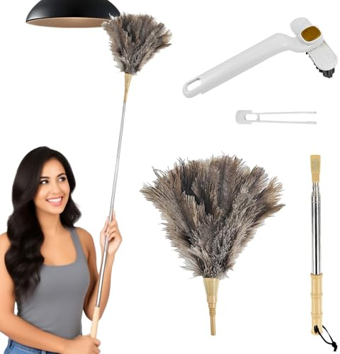 Plumero de Plumas de Avestruz Telescópico, Longitud Extensible de 53 a 130 cm, con Cepillo Giratorio para Rincones, Adecuado para Techos y Superficies Delicadas