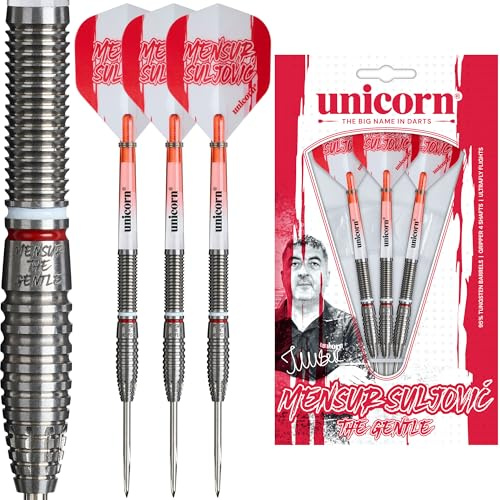 Unicorn Mensur Suljović 95% Tungsten Barrels Torpedo Barrels with Red & White Rings | Steel Tip Darts Set | The Gentle | Durable Stunning Ultrafly Big Wing Flights | Silver Volute Points | 21g