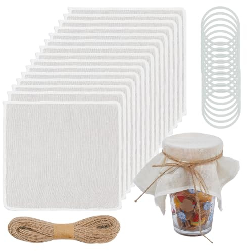 SUPERFINDINGS 30er Pack Gewebe Abdeckungen Für 23cm Gläser Ungebleichte Musselin Dekolids Quadratische Abdeckungen Mit 30 Gummibändern Und 10m Juteschnur